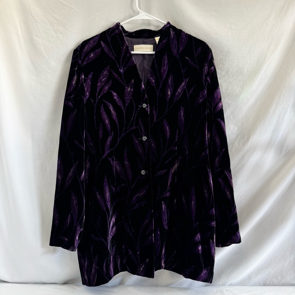 Dana Buchman Deep Purple Vintage Velvet Leaf Pattern Blazer Tunic Jacket Sz 12